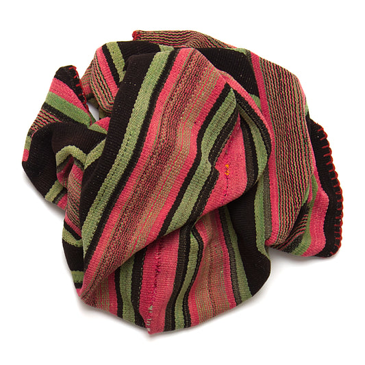 Intiearth vintage Peruvian Frazada textile with colorful geometric patterns and stripes. Traditional handwoven multipurpose textile from Peru, ideal for home décor, can be used as a blanket, rug, throw, or wall hanging. Made of handspun wool and crafted on a backstrap loom.