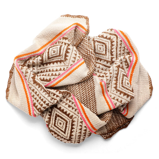 Intiearth vintage Peruvian Frazada textile with colorful geometric patterns and stripes. Traditional handwoven multipurpose textile from Peru, ideal for home décor, can be used as a blanket, rug, throw, or wall hanging. Made of handspun wool and crafted on a backstrap loom.