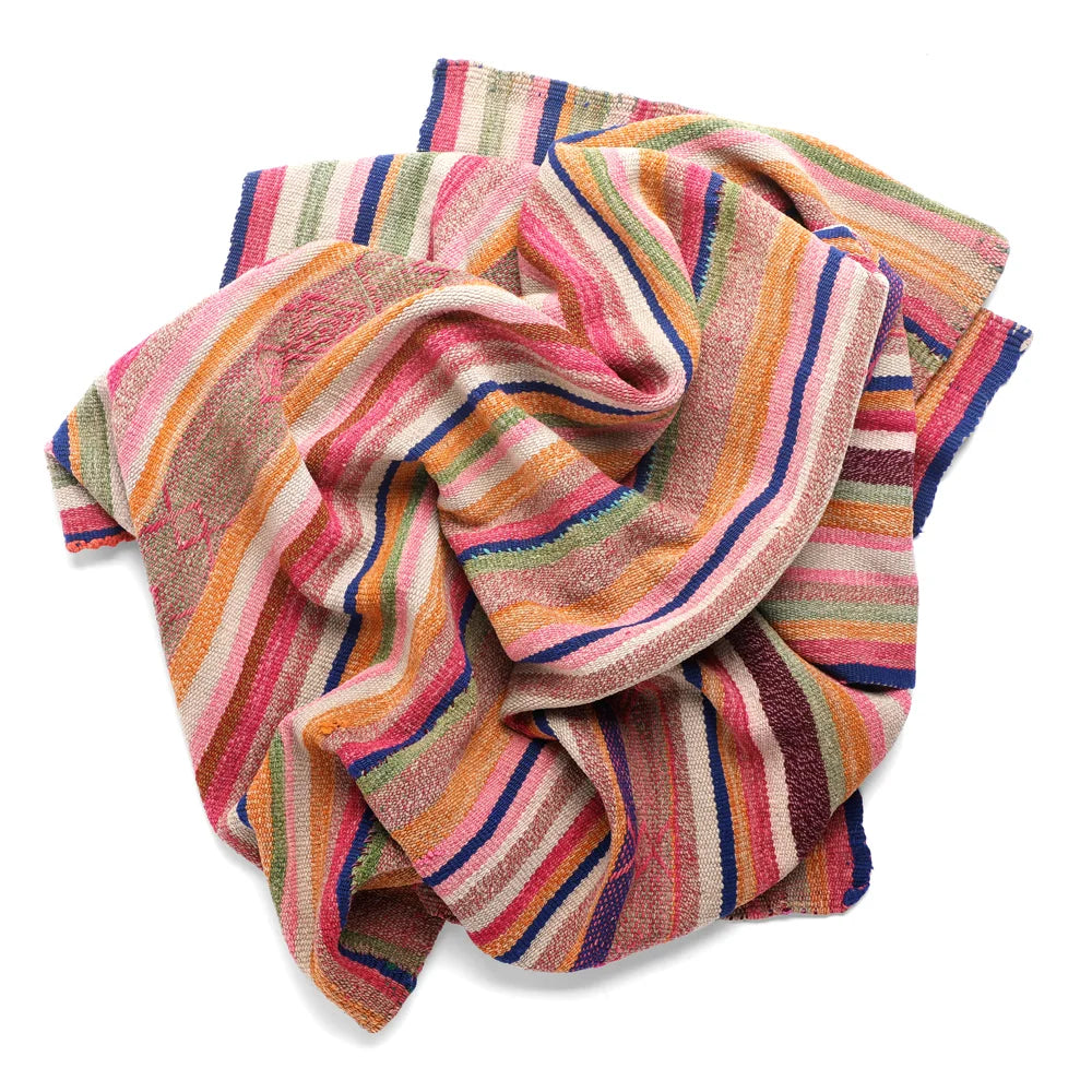 Intiearth vintage Peruvian Frazada textile with colorful geometric patterns and stripes. Traditional handwoven multipurpose textile from Peru, ideal for home décor, can be used as a blanket, rug, throw, or wall hanging. Made of handspun wool and crafted on a backstrap loom.