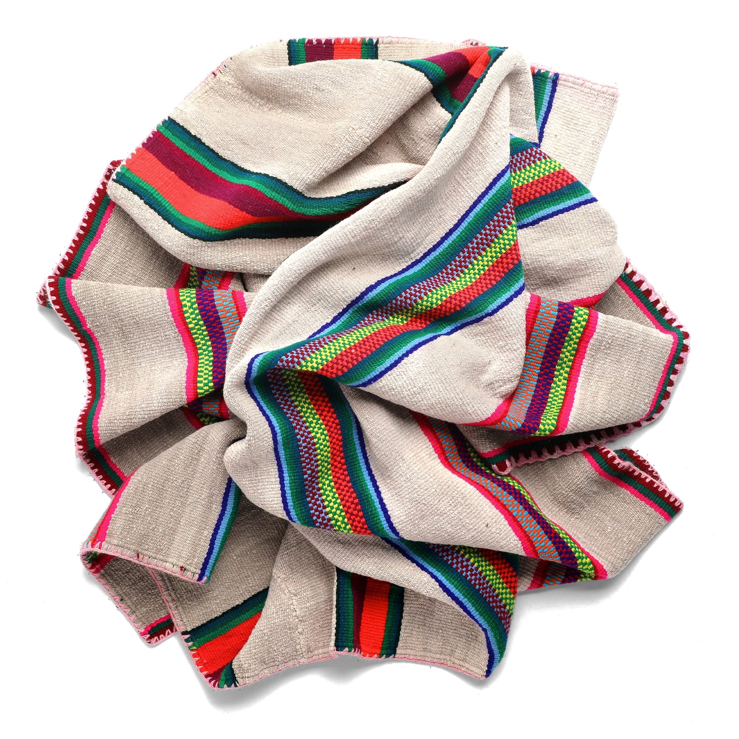 Intiearth vintage Peruvian Frazada textile with colorful geometric patterns and stripes. Traditional handwoven multipurpose textile from Peru, ideal for home décor, can be used as a blanket, rug, throw, or wall hanging. Made of handspun wool and crafted on a backstrap loom.