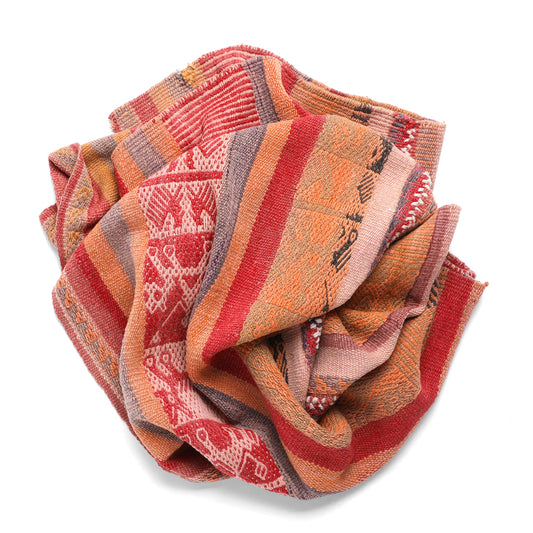 Intiearth vintage Peruvian Frazada textile with colorful geometric patterns and stripes. Traditional handwoven multipurpose textile from Peru, ideal for home décor, can be used as a blanket, rug, throw, or wall hanging. Made of handspun wool and crafted on a backstrap loom.