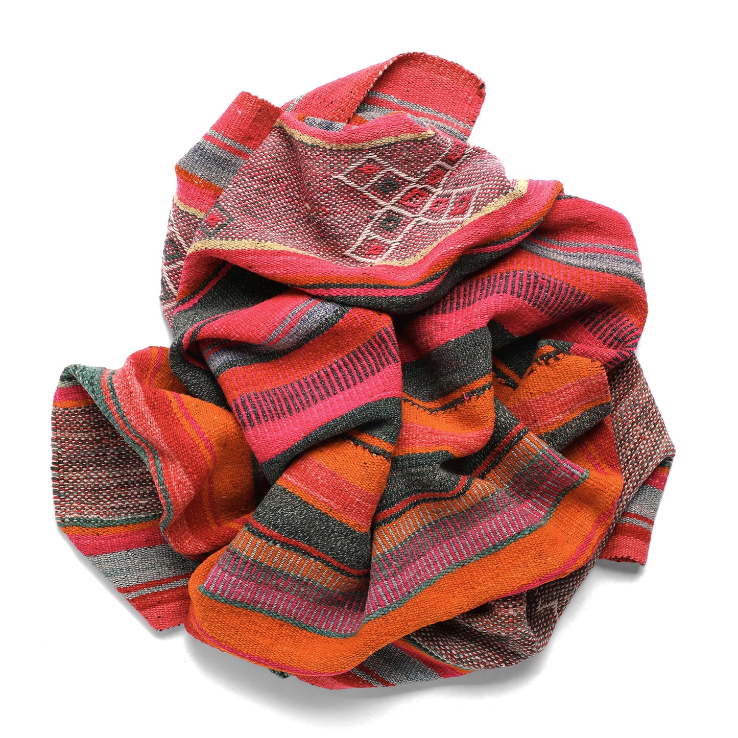 Intiearth vintage Peruvian Frazada textile with colorful geometric patterns and stripes. Traditional handwoven multipurpose textile from Peru, ideal for home décor, can be used as a blanket, rug, throw, or wall hanging. Made of handspun wool and crafted on a backstrap loom.