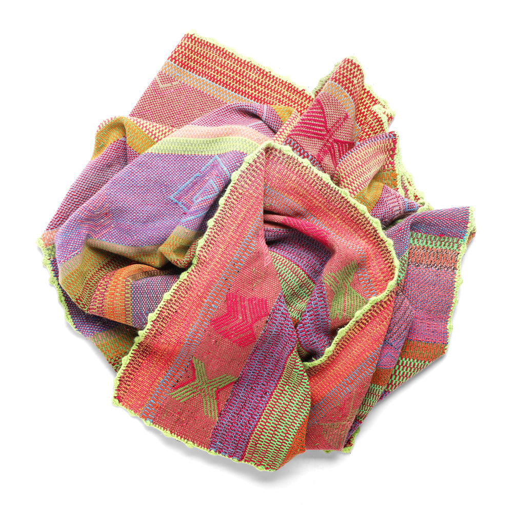 Intiearth vintage Peruvian Frazada textile with colorful geometric patterns and stripes. Traditional handwoven multipurpose textile from Peru, ideal for home décor, can be used as a blanket, rug, throw, or wall hanging. Made of handspun wool and crafted on a backstrap loom.