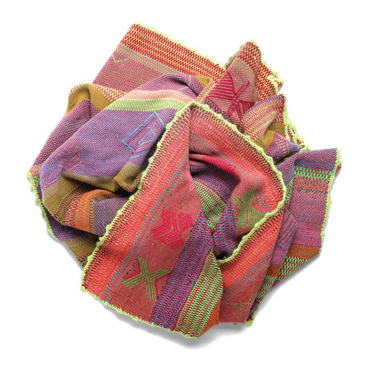 Intiearth vintage Peruvian Frazada textile with colorful geometric patterns and stripes. Traditional handwoven multipurpose textile from Peru, ideal for home décor, can be used as a blanket, rug, throw, or wall hanging. Made of handspun wool and crafted on a backstrap loom.