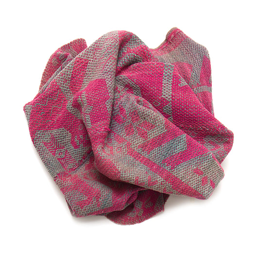 Vintage Peruvian Frazada textile with colorful geometric patterns and stripes. Traditional handwoven multipurpose textile from Peru, ideal for home décor, blankets, or throws, or rug.