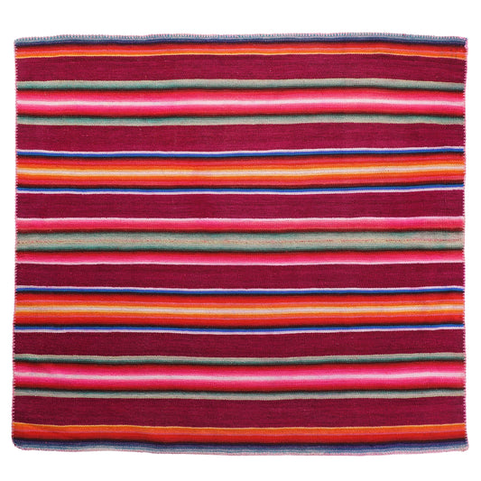 Intiearth vintage Peruvian Frazada textile with colorful geometric patterns and stripes. Traditional handwoven multipurpose textile from Peru, ideal for home décor, can be used as a blanket, rug, throw, or wall hanging. Made of handspun wool and crafted on a backstrap loom.