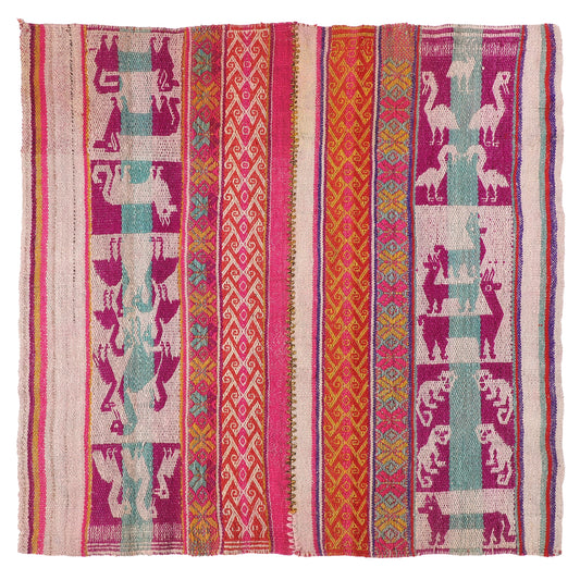 Intiearth vintage Peruvian Frazada textile with colorful geometric patterns and stripes. Traditional handwoven multipurpose textile from Peru, ideal for home décor, can be used as a blanket, rug, throw, or wall hanging. Made of handspun wool and crafted on a backstrap loom.