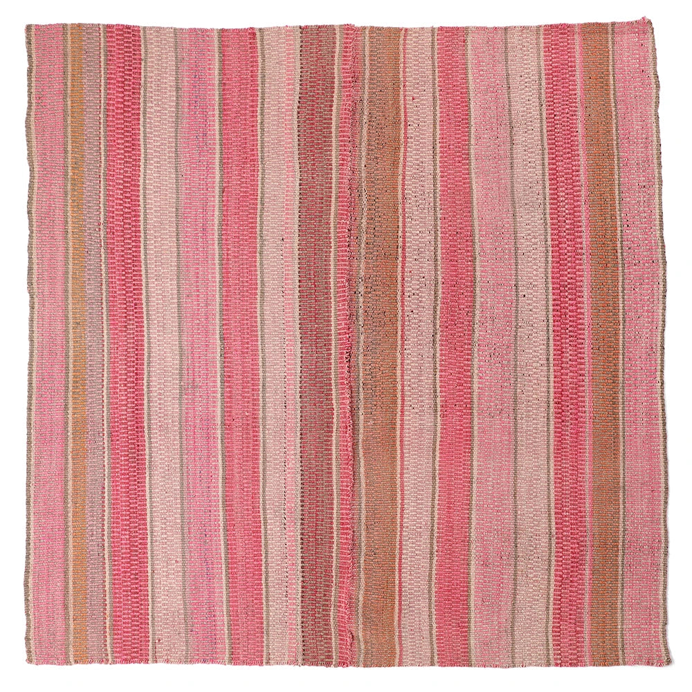 Intiearth vintage Peruvian Frazada textile with colorful geometric patterns and stripes. Traditional handwoven multipurpose textile from Peru, ideal for home décor, can be used as a blanket, rug, throw, or wall hanging. Made of handspun wool and crafted on a backstrap loom.
