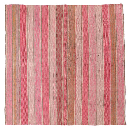 Intiearth vintage Peruvian Frazada textile with colorful geometric patterns and stripes. Traditional handwoven multipurpose textile from Peru, ideal for home décor, can be used as a blanket, rug, throw, or wall hanging. Made of handspun wool and crafted on a backstrap loom.
