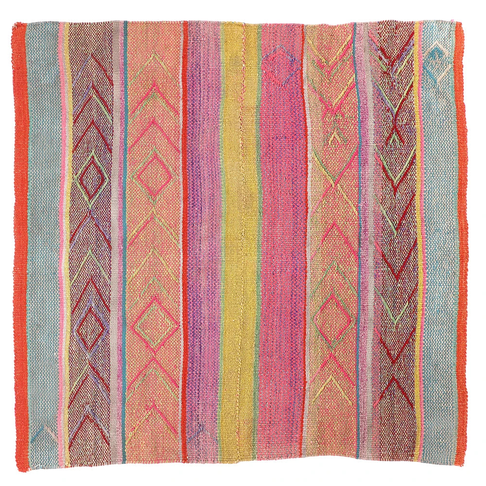 Intiearth vintage Peruvian Frazada textile with colorful geometric patterns and stripes. Traditional handwoven multipurpose textile from Peru, ideal for home décor, can be used as a blanket, rug, throw, or wall hanging. Made of handspun wool and crafted on a backstrap loom.