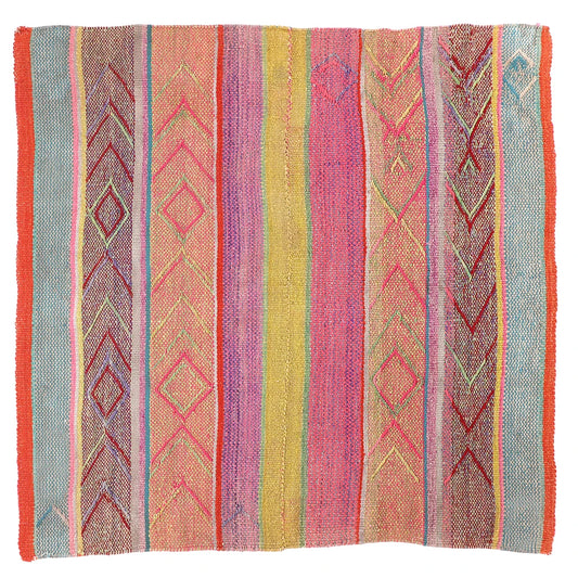 Intiearth vintage Peruvian Frazada textile with colorful geometric patterns and stripes. Traditional handwoven multipurpose textile from Peru, ideal for home décor, can be used as a blanket, rug, throw, or wall hanging. Made of handspun wool and crafted on a backstrap loom.