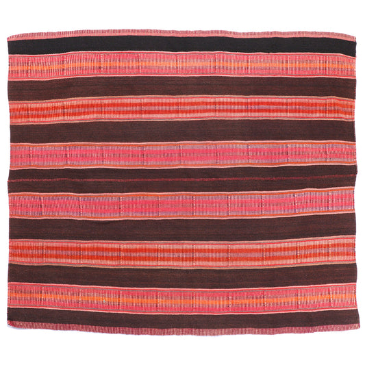 Intiearth vintage Peruvian Frazada textile with colorful geometric patterns and stripes. Traditional handwoven multipurpose textile from Peru, ideal for home décor, can be used as a blanket, rug, throw, or wall hanging. Made of handspun wool and crafted on a backstrap loom.