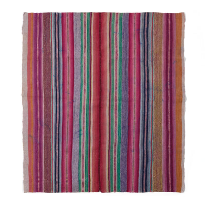 A square woven rug with vertical multicolor stripes in pink, red, orange, green, blue, purple, and beige, shown flat against a white background.