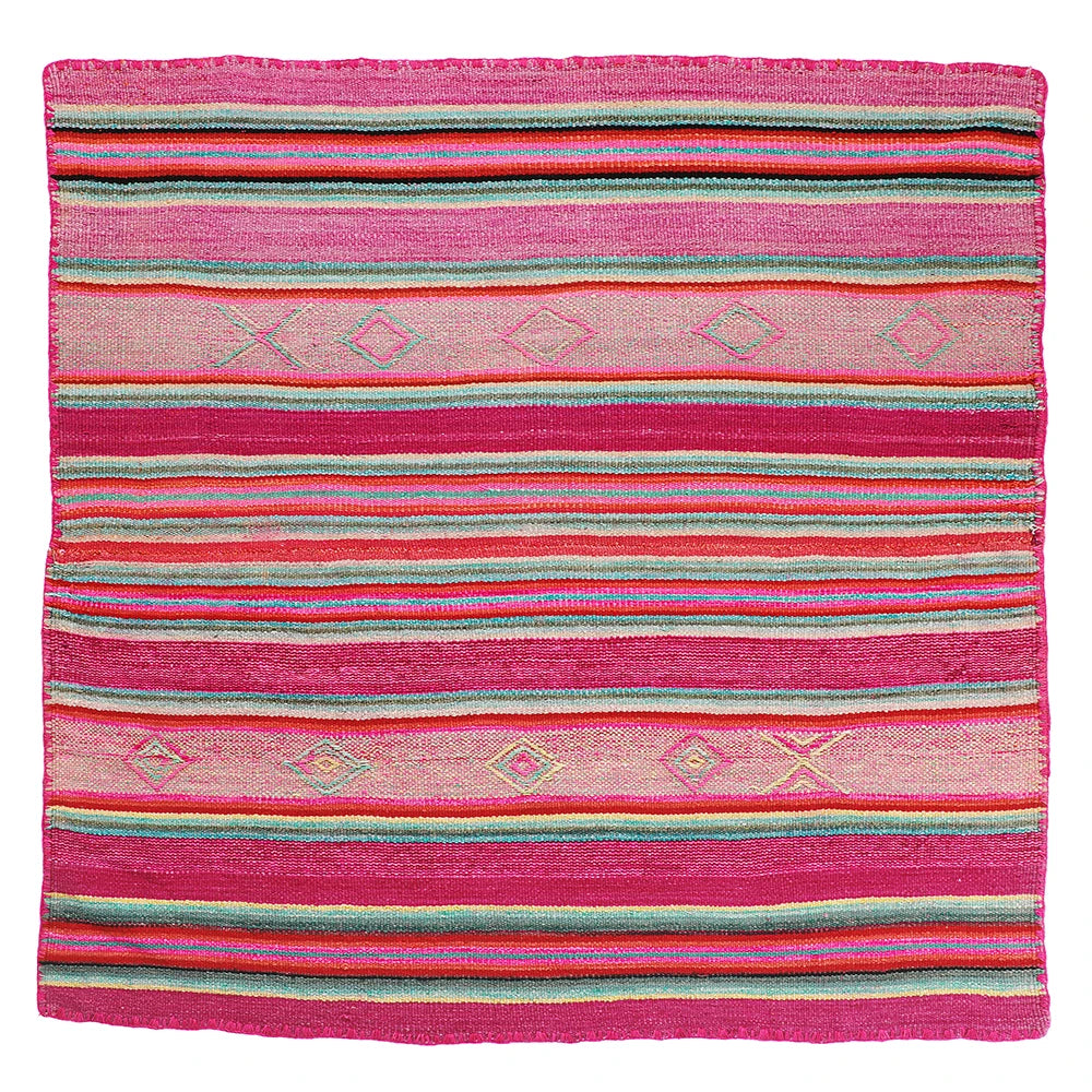 Intiearth vintage Peruvian Frazada textile with colorful geometric patterns and stripes. Traditional handwoven multipurpose textile from Peru, ideal for home décor, can be used as a blanket, rug, throw, or wall hanging. Made of handspun wool and crafted on a backstrap loom.
