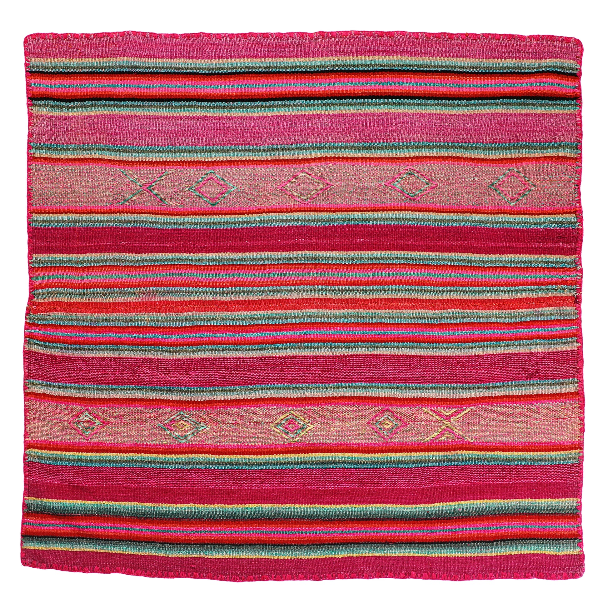 Intiearth vintage Peruvian Frazada textile with colorful geometric patterns and stripes. Traditional handwoven multipurpose textile from Peru, ideal for home décor, can be used as a blanket, rug, throw, or wall hanging. Made of handspun wool and crafted on a backstrap loom.