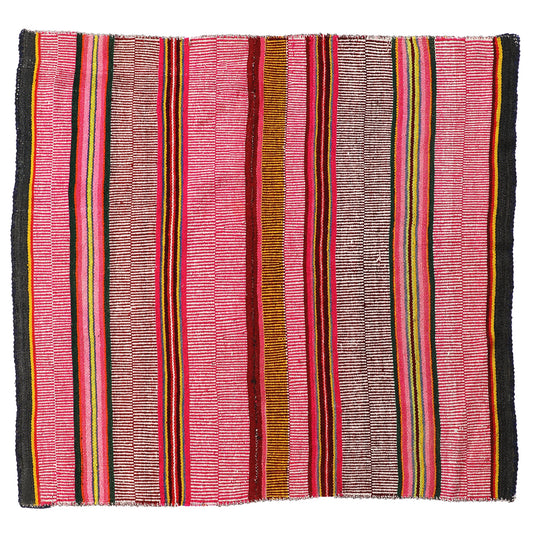 Intiearth vintage Peruvian Frazada textile with colorful geometric patterns and stripes. Traditional handwoven multipurpose textile from Peru, ideal for home décor, can be used as a blanket, rug, throw, or wall hanging. Made of handspun wool and crafted on a backstrap loom.