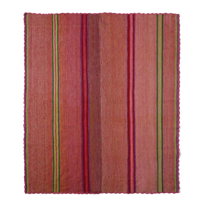 A square woven textile rug or mat with a warm rust-brown base and vertical stripes in pink, burgundy, green, and red, shown flat against a white background.