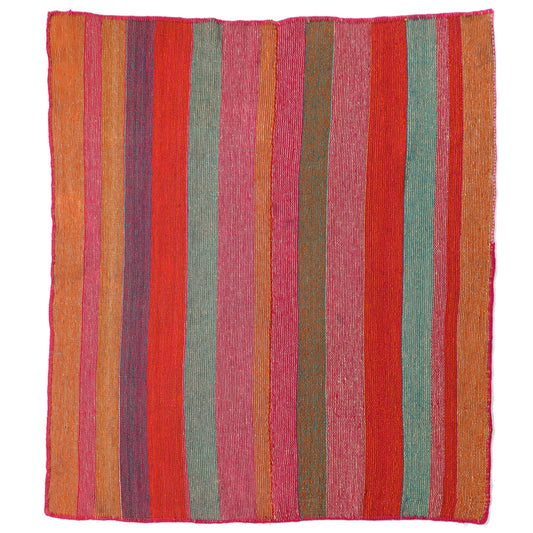 Intiearth vintage Peruvian Frazada textile with colorful geometric patterns and stripes. Traditional handwoven multipurpose textile from Peru, ideal for home décor, can be used as a blanket, rug, throw, or wall hanging. Made of handspun wool and crafted on a backstrap loom.