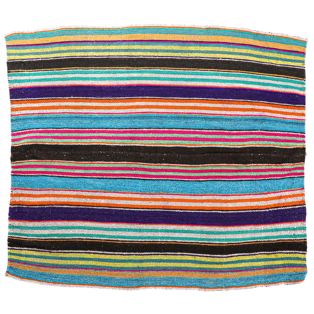 Intiearth vintage Peruvian Frazada textile with colorful geometric patterns and stripes. Traditional handwoven multipurpose textile from Peru, ideal for home décor, can be used as a blanket, rug, throw, or wall hanging. Made of handspun wool and crafted on a backstrap loom.