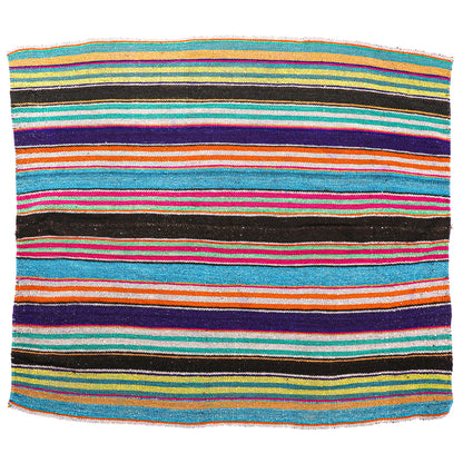 Intiearth vintage Peruvian Frazada textile with colorful geometric patterns and stripes. Traditional handwoven multipurpose textile from Peru, ideal for home décor, can be used as a blanket, rug, throw, or wall hanging. Made of handspun wool and crafted on a backstrap loom.