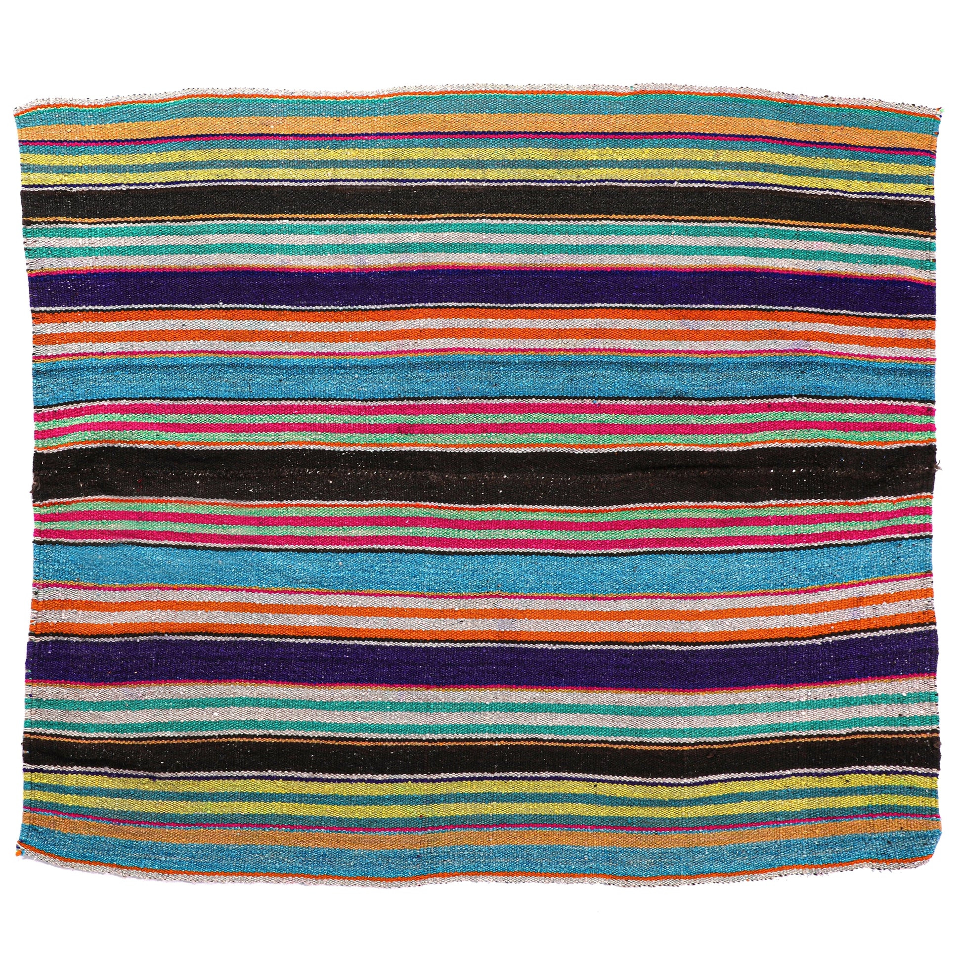 Intiearth vintage Peruvian Frazada textile with colorful geometric patterns and stripes. Traditional handwoven multipurpose textile from Peru, ideal for home décor, can be used as a blanket, rug, throw, or wall hanging. Made of handspun wool and crafted on a backstrap loom.