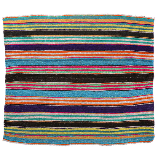 Intiearth vintage Peruvian Frazada textile with colorful geometric patterns and stripes. Traditional handwoven multipurpose textile from Peru, ideal for home décor, can be used as a blanket, rug, throw, or wall hanging. Made of handspun wool and crafted on a backstrap loom.