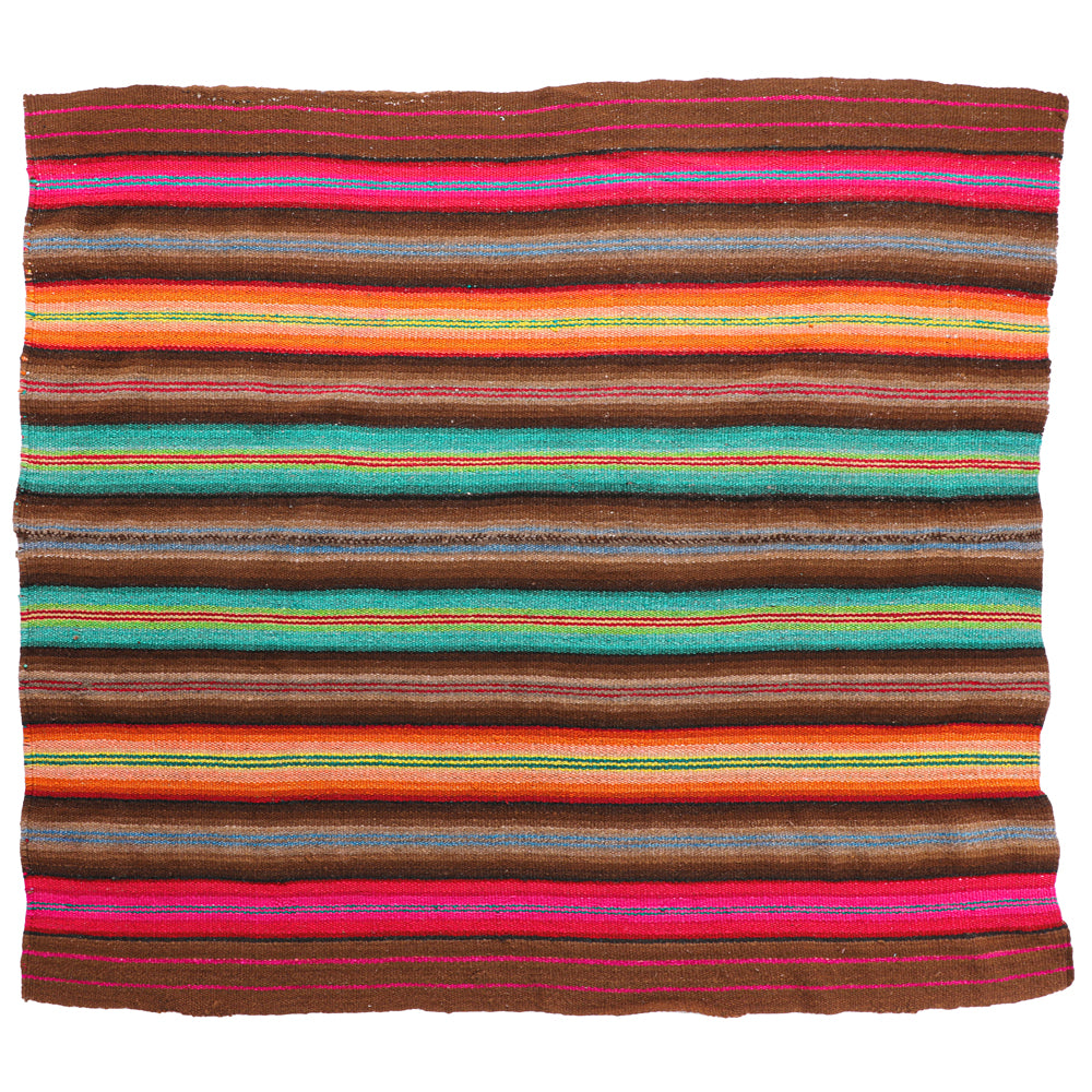 Intiearth vintage Peruvian Frazada textile with colorful geometric patterns and stripes. Traditional handwoven multipurpose textile from Peru, ideal for home décor, can be used as a blanket, rug, throw, or wall hanging. Made of handspun wool and crafted on a backstrap loom.