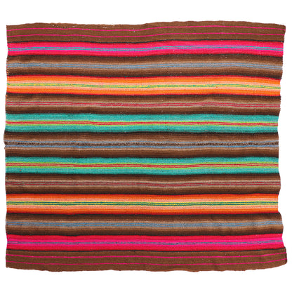 Intiearth vintage Peruvian Frazada textile with colorful geometric patterns and stripes. Traditional handwoven multipurpose textile from Peru, ideal for home décor, can be used as a blanket, rug, throw, or wall hanging. Made of handspun wool and crafted on a backstrap loom.