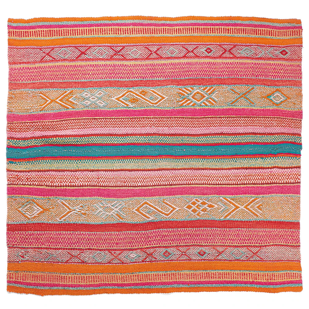 Intiearth vintage Peruvian Frazada textile with colorful geometric patterns and stripes. Traditional handwoven multipurpose textile from Peru, ideal for home décor, can be used as a blanket, rug, throw, or wall hanging. Made of handspun wool and crafted on a backstrap loom.