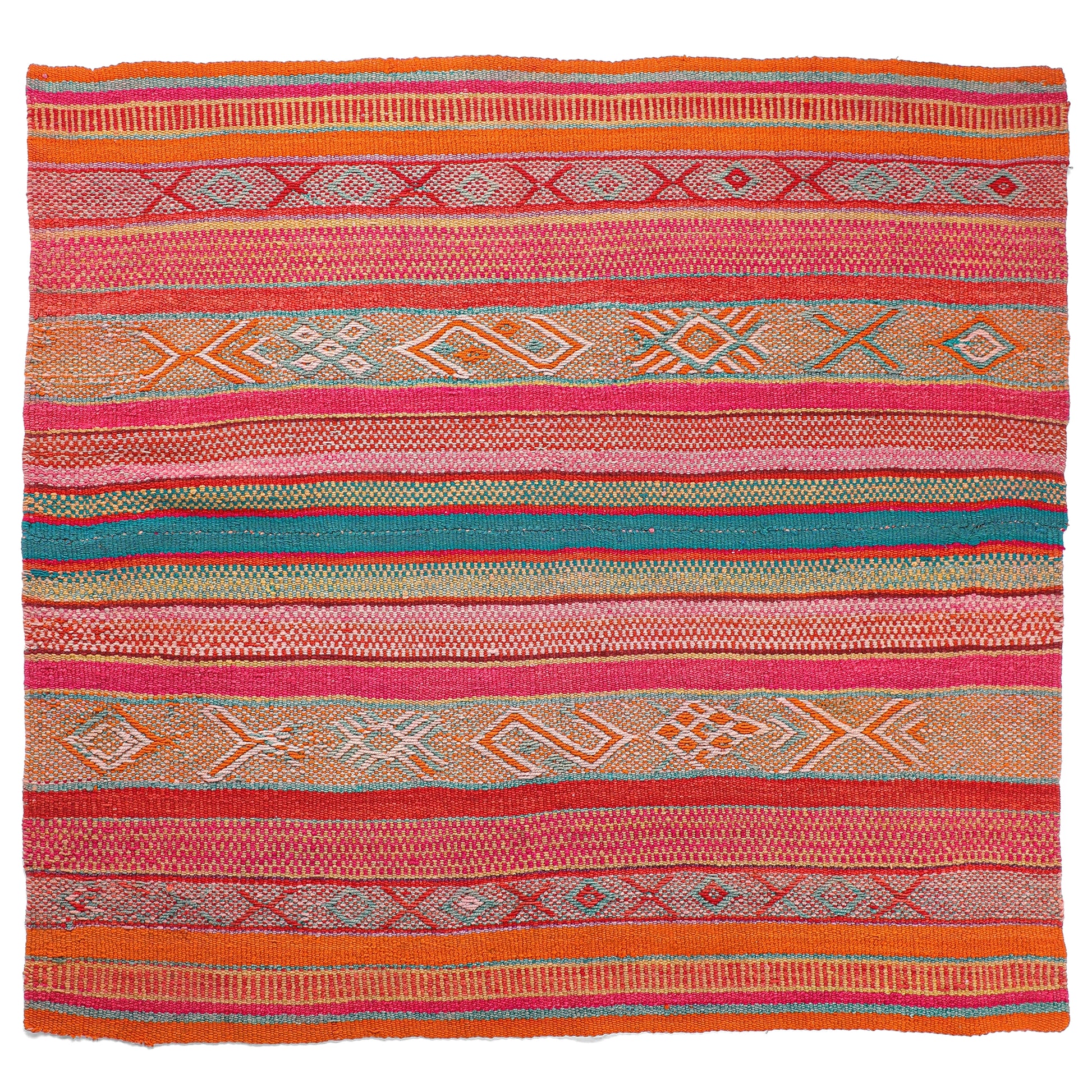 Intiearth vintage Peruvian Frazada textile with colorful geometric patterns and stripes. Traditional handwoven multipurpose textile from Peru, ideal for home décor, can be used as a blanket, rug, throw, or wall hanging. Made of handspun wool and crafted on a backstrap loom.