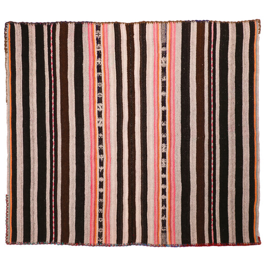 Intiearth vintage Peruvian Frazada textile with colorful geometric patterns and stripes. Traditional handwoven multipurpose textile from Peru, ideal for home décor, can be used as a blanket, rug, throw, or wall hanging. Made of handspun wool and crafted on a backstrap loom.