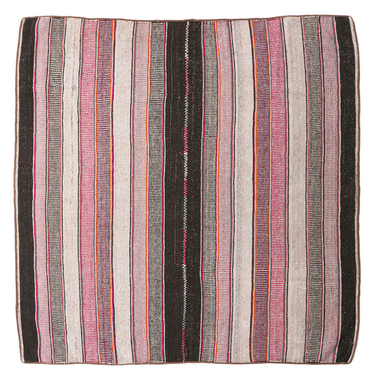 Intiearth vintage Peruvian Frazada textile with colorful geometric patterns and stripes. Traditional handwoven multipurpose textile from Peru, ideal for home décor, can be used as a blanket, rug, throw, or wall hanging. Made of handspun wool and crafted on a backstrap loom.