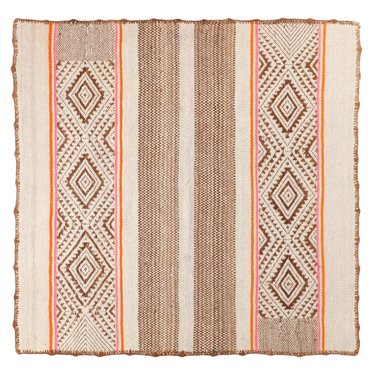 Intiearth vintage Peruvian Frazada textile with colorful geometric patterns and stripes. Traditional handwoven multipurpose textile from Peru, ideal for home décor, can be used as a blanket, rug, throw, or wall hanging. Made of handspun wool and crafted on a backstrap loom.