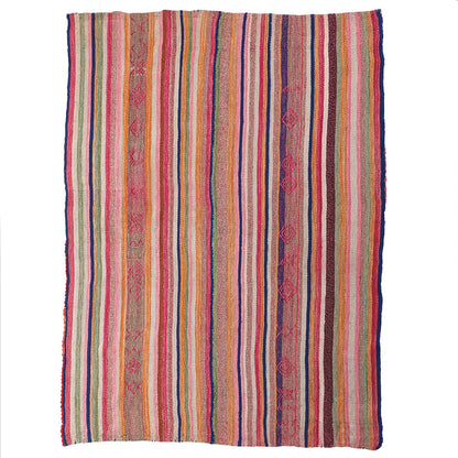 Intiearth vintage Peruvian Frazada textile with colorful geometric patterns and stripes. Traditional handwoven multipurpose textile from Peru, ideal for home décor, can be used as a blanket, rug, throw, or wall hanging. Made of handspun wool and crafted on a backstrap loom.