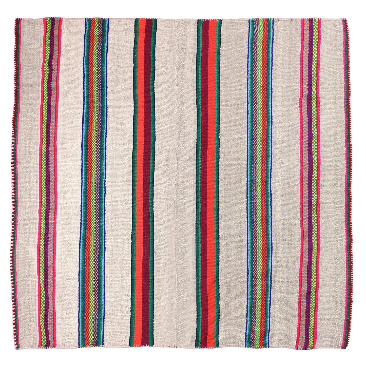 Intiearth vintage Peruvian Frazada textile with colorful geometric patterns and stripes. Traditional handwoven multipurpose textile from Peru, ideal for home décor, can be used as a blanket, rug, throw, or wall hanging. Made of handspun wool and crafted on a backstrap loom.
