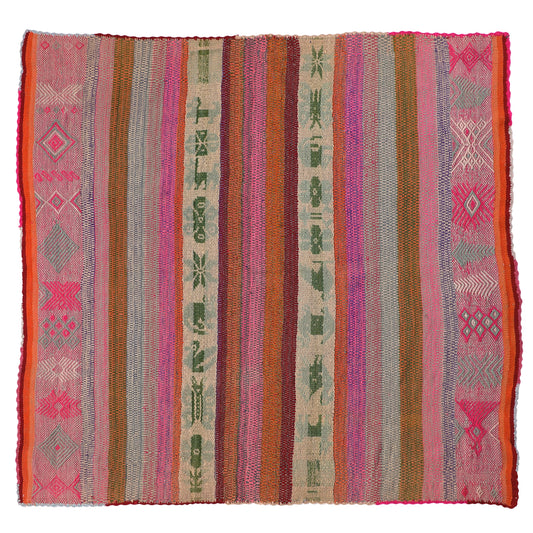 Intiearth vintage Peruvian Frazada textile with colorful geometric patterns and stripes. Traditional handwoven multipurpose textile from Peru, ideal for home décor, can be used as a blanket, rug, throw, or wall hanging. Made of handspun wool and crafted on a backstrap loom.