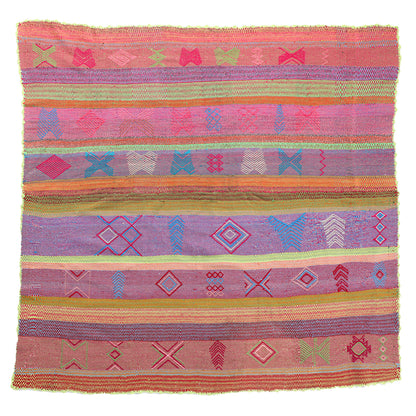 Intiearth vintage Peruvian Frazada textile with colorful geometric patterns and stripes. Traditional handwoven multipurpose textile from Peru, ideal for home décor, can be used as a blanket, rug, throw, or wall hanging. Made of handspun wool and crafted on a backstrap loom.