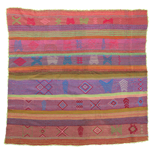 Intiearth vintage Peruvian Frazada textile with colorful geometric patterns and stripes. Traditional handwoven multipurpose textile from Peru, ideal for home décor, can be used as a blanket, rug, throw, or wall hanging. Made of handspun wool and crafted on a backstrap loom.
