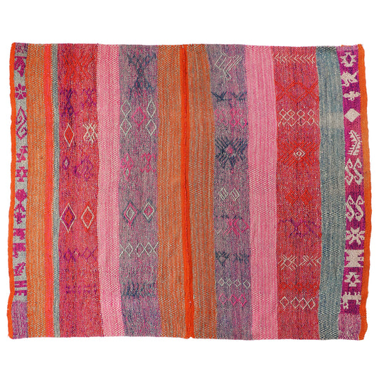Intiearth vintage Peruvian Frazada textile with colorful geometric patterns and stripes. Traditional handwoven multipurpose textile from Peru, ideal for home décor, can be used as a blanket, rug, throw, or wall hanging. Made of handspun wool and crafted on a backstrap loom.