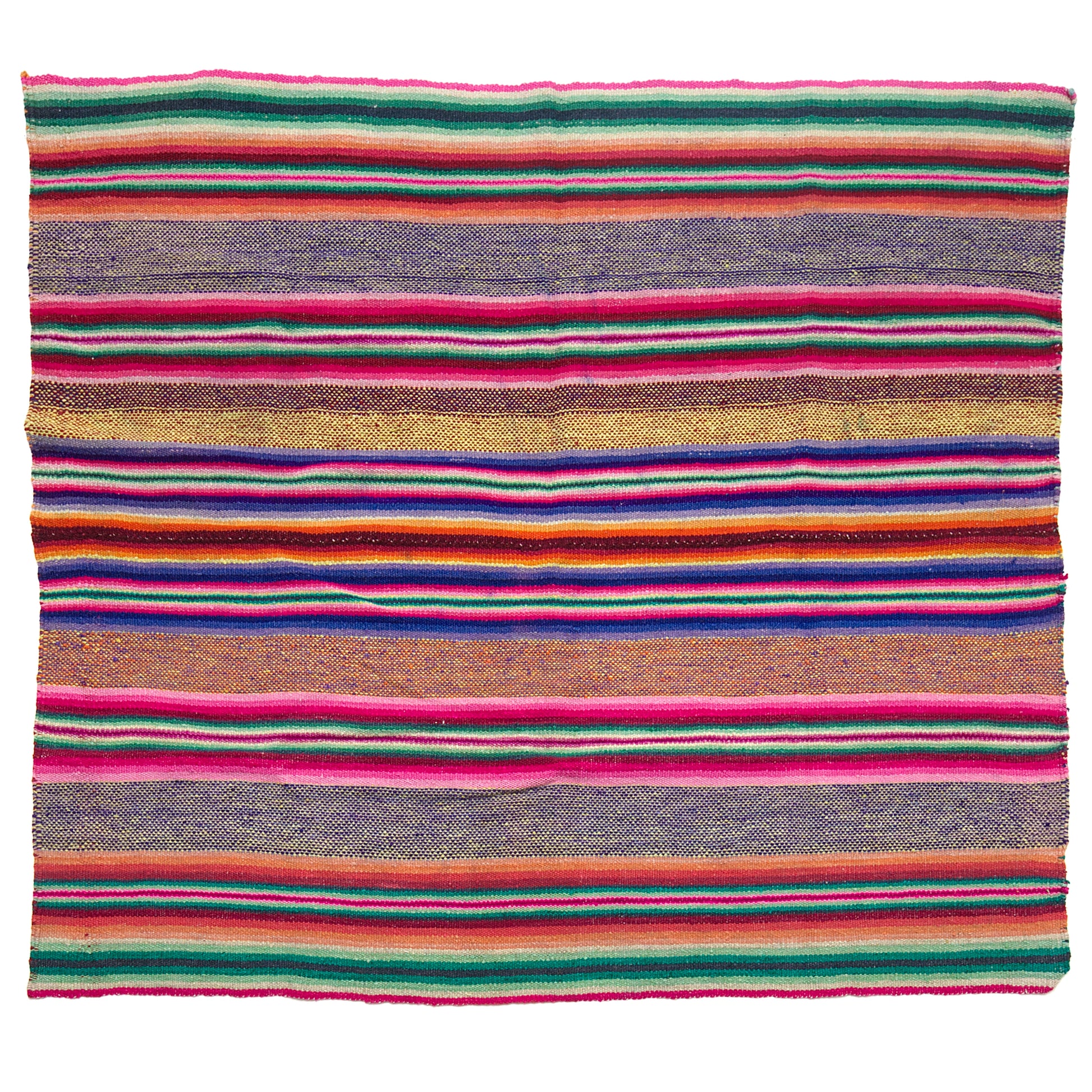 Vintage Peruvian Frazada textile with colorful geometric patterns and stripes. Traditional handwoven multipurpose textile from Peru, ideal for home décor, blankets, or throws, or rug.