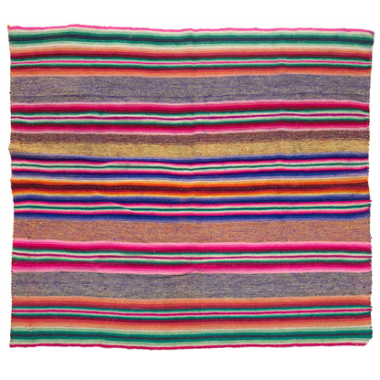 Vintage Peruvian Frazada textile with colorful geometric patterns and stripes. Traditional handwoven multipurpose textile from Peru, ideal for home décor, blankets, or throws, or rug.