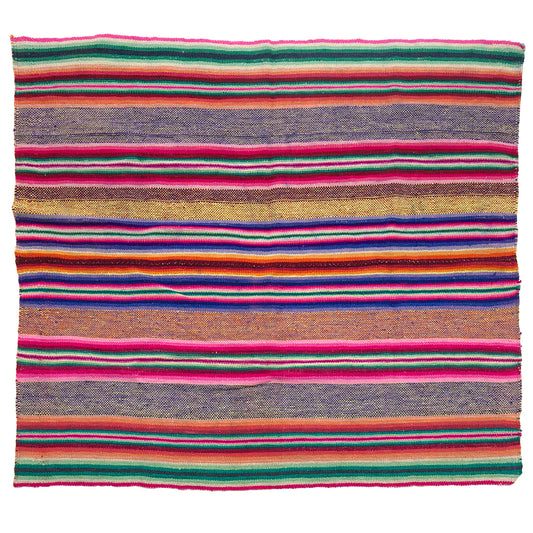 Vintage Peruvian Frazada textile with colorful geometric patterns and stripes. Traditional handwoven multipurpose textile from Peru, ideal for home décor, blankets, or throws, or rug.