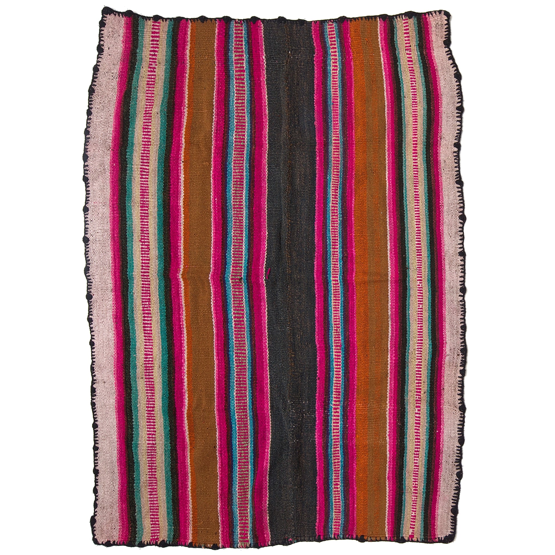 Vintage Peruvian Frazada textile with colorful geometric patterns and stripes. Traditional handwoven multipurpose textile from Peru, ideal for home décor, blankets, or throws, or rug.