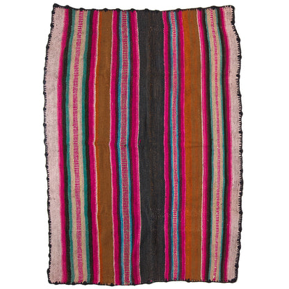 Vintage Peruvian Frazada textile with colorful geometric patterns and stripes. Traditional handwoven multipurpose textile from Peru, ideal for home décor, blankets, or throws, or rug.