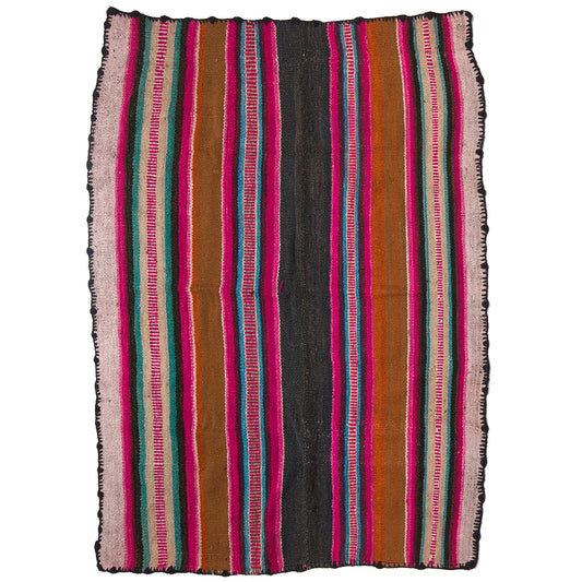 Vintage Peruvian Frazada textile with colorful geometric patterns and stripes. Traditional handwoven multipurpose textile from Peru, ideal for home décor, blankets, or throws, or rug.
