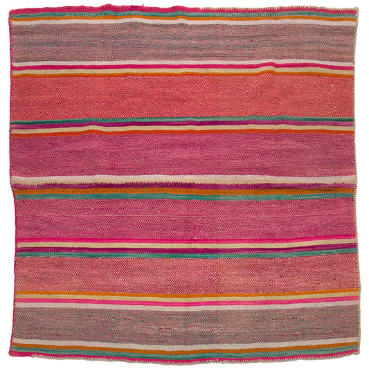 Vintage Peruvian Frazada textile with colorful geometric patterns and stripes. Traditional handwoven multipurpose textile from Peru, ideal for home décor, blankets, or throws, or rug.