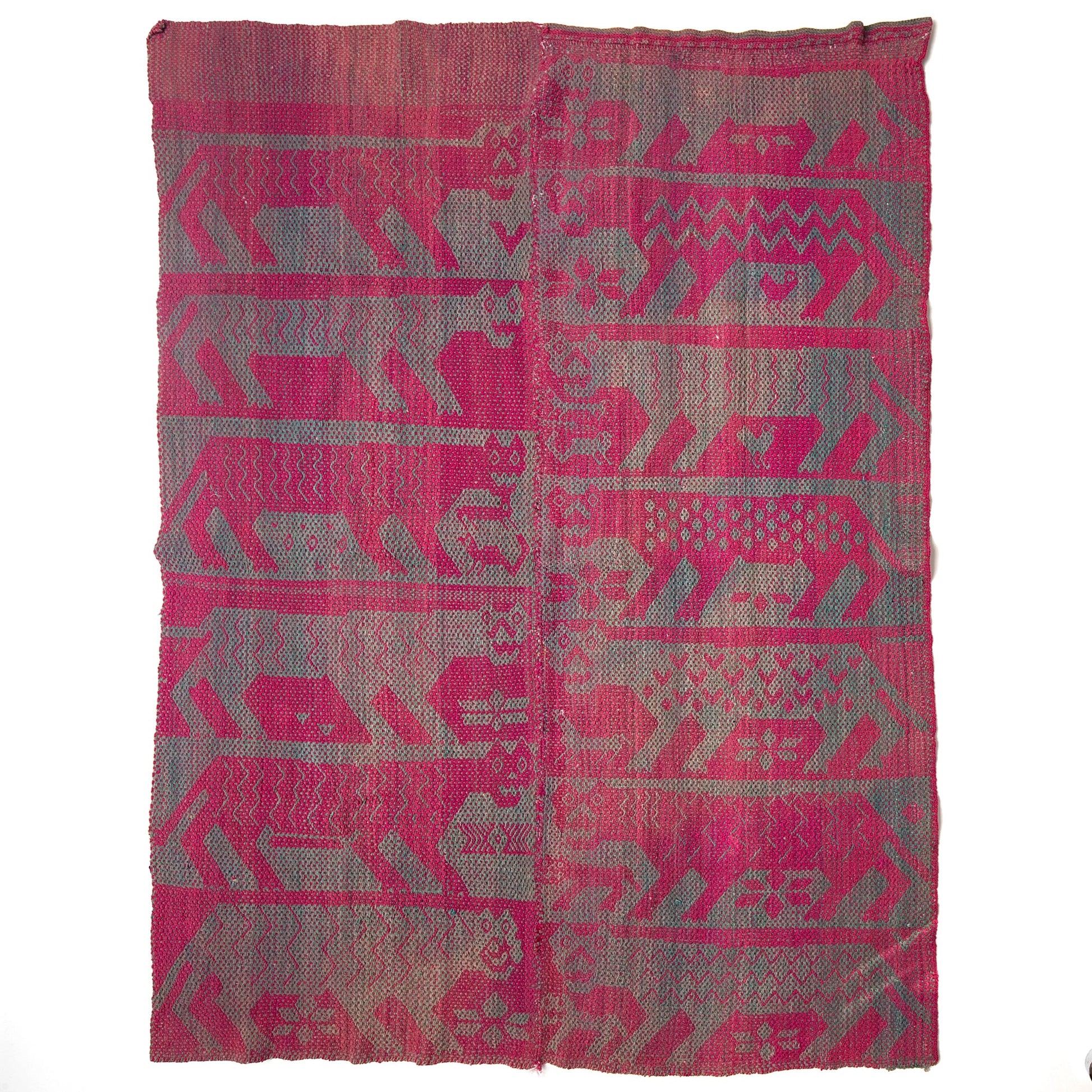 Vintage Peruvian Frazada textile with colorful geometric patterns and stripes. Traditional handwoven multipurpose textile from Peru, ideal for home décor, blankets, or throws, or rug.