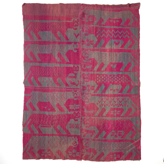Vintage Peruvian Frazada textile with colorful geometric patterns and stripes. Traditional handwoven multipurpose textile from Peru, ideal for home décor, blankets, or throws, or rug.