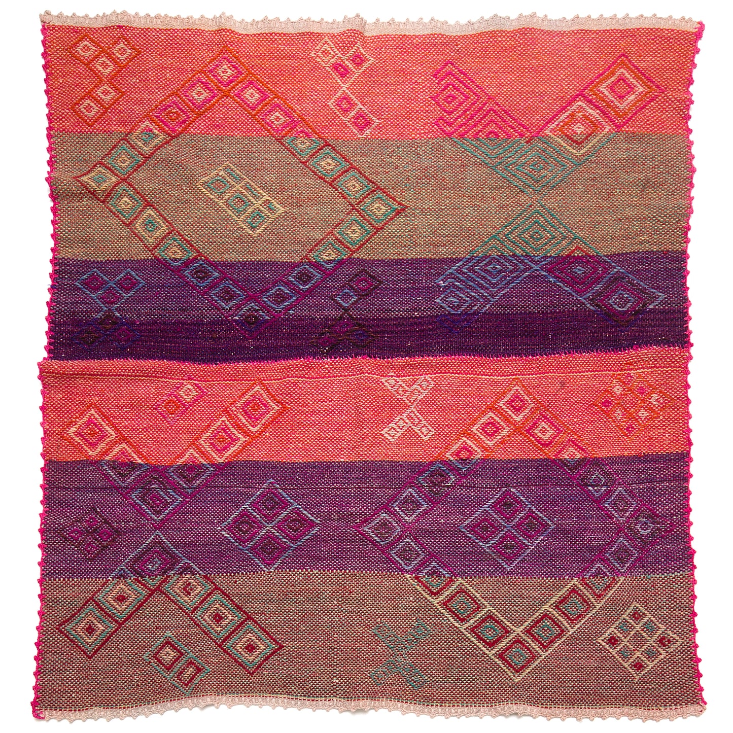 Vintage Peruvian Frazada textile with colorful geometric patterns and stripes. Traditional handwoven multipurpose textile from Peru, ideal for home décor, blankets, or throws, or rug.
