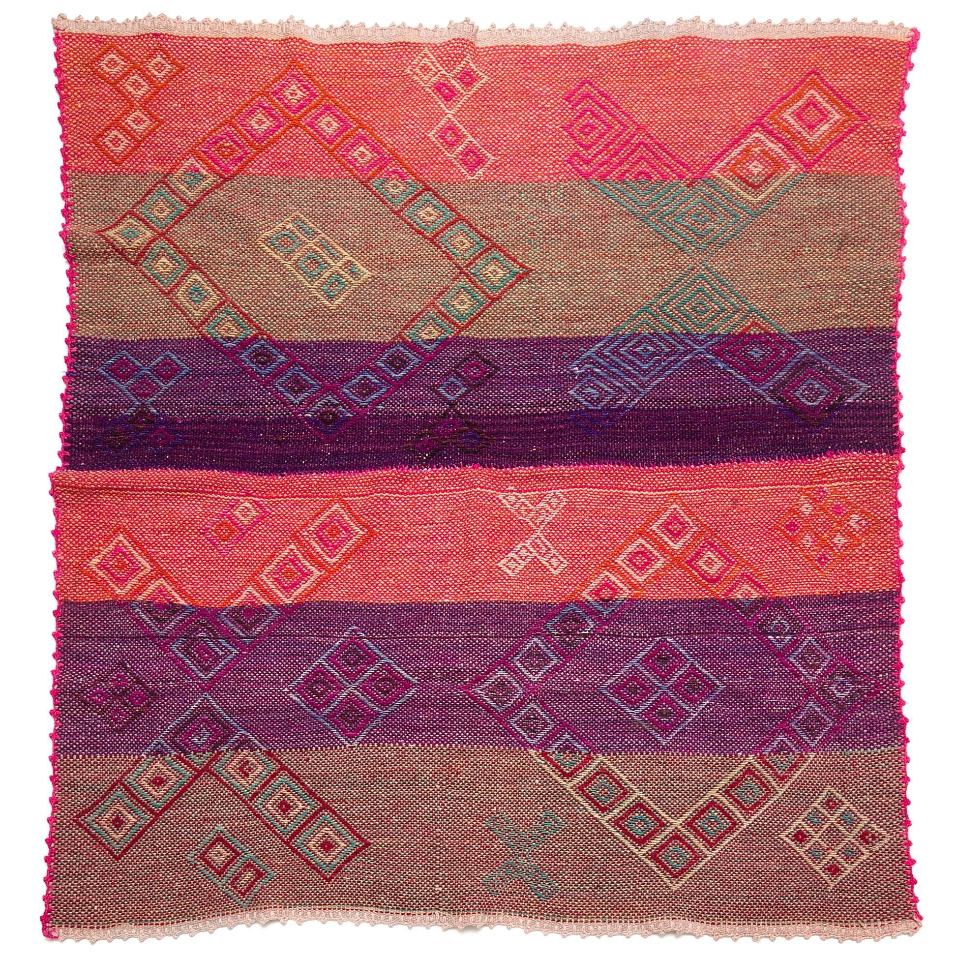 Vintage Peruvian Frazada textile with colorful geometric patterns and stripes. Traditional handwoven multipurpose textile from Peru, ideal for home décor, blankets, or throws, or rug.